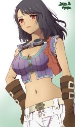 Rule 34 | 1girl, belt, black hair, breasts, brown gloves, cleavage, closed mouth, dark-skinned female, dark skin, gloves, highres, long hair, looking at viewer, midriff, mole, mole under mouth, navel, sharla (xenoblade), simple background, smile, solo, xenoblade chronicles (series), xenoblade chronicles 1, yamamori kinako