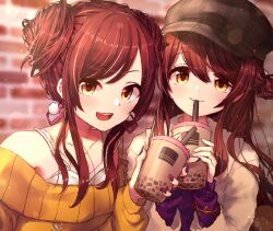 Rule 34 | 2girls, bare shoulders, blush, breasts, brick, brown hair, brown headwear, bubble tea, camisole, closed mouth, collarbone, cup, disposable cup, dot nose, double bun, drinking, drinking straw, earrings, hair between eyes, hair bun, hand up, hands up, hat, holding, holding cup, idolmaster, idolmaster shiny colors, jewelry, lens flare, long hair, long sleeves, looking at viewer, medium breasts, multiple girls, open mouth, osaki amana, osaki tenka, plaid headwear, purple nails, purple shirt, shirt, siblings, single hair bun, sisters, smile, sweater, swept bangs, twins, upper body, white camisole, white sweater, yellow eyes, yellow sweater, zinenjo imo