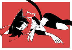 Rule 34 | 1girl, animal ears, body fur, callan (callancoe), cat ears, cat girl, cat tail, commentary, dungeon meshi, fingernails, izutsumi, limited palette, looking at viewer, lying, nude, on side, red scarf, scarf, sharp fingernails, short hair, signature, simple background, solo, tail, two-tone background