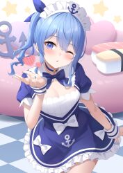 Rule 34 | 1girl, ;o, anchor, blowing kiss, blue bow, blue bowtie, blue choker, blue dress, blue eyes, blue hair, blue nails, bow, bowtie, breasts, checkered floor, choker, cosplay, cushion, dress, food, frilled dress, frills, hand up, heart, highres, hololive, hoshimachi suisei, keikei (kitty colors), maid headdress, minato aqua, minato aqua (1st costume), minato aqua (cosplay), one eye closed, pillow, small breasts, solo, star (symbol), star in eye, sushi, symbol in eye, virtual youtuber, wrist cuffs