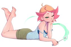Rule 34 | 1girl, absurdres, amanda o&#039;neill, barefoot, blue bra, bra, feet, green eyes, head on hand, highres, little witch academia, looking at viewer, lying, multicolored hair, off shoulder, on stomach, one eye closed, orange hair, pudgeruffian, red hair, short hair, shorts, simple background, smile, soles, solo, tank top, the pose, two-tone hair, underwear, wand, watermark, white tank top