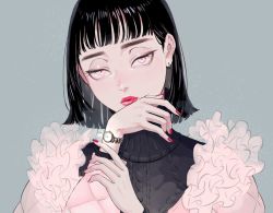 Rule 34 | 1girl, aburage (motimotigg20), black hair, blunt bangs, earrings, grey background, half-closed eyes, hands up, jewelry, long sleeves, nail polish, original, red nails, short hair, simple background, solo, upper body, watch, wristwatch