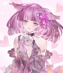 Rule 34 | 1girl, animal ears, bare shoulders, black dress, black nails, blue eyes, blunt bangs, bow, closed mouth, collarbone, cup, detached sleeves, dress, erune, eyeshadow, granblue fantasy, hair bow, halter dress, halterneck, heart, heart background, holding, holding cup, lala (0915 yu), lips, long sleeves, looking at viewer, makeup, manamel, nail polish, purple bow, purple hair, short hair, smile, solo, upper body