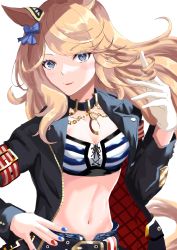 Rule 34 | 1girl, absurdres, animal ears, bandeau, belt, black belt, black choker, black jacket, blonde hair, blue bow, blue eyes, blue nails, bow, choker, commentary request, gloves, gold city (umamusume), hair bow, hand up, highres, horse ears, jacket, long hair, long sleeves, looking at viewer, midriff, nail polish, navel, open clothes, open jacket, potechitarou, red lips, red nails, simple background, single glove, smile, solo, stomach, strapless, striped bandeau, swept bangs, tube top, umamusume, upper body, white background, white gloves