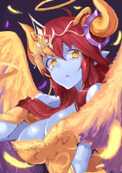Rule 34 | 1girl, ahoge, bare shoulders, blue skin, breasts, cleavage, colored skin, demon girl, demon horns, dress, feathered wings, feathers, fur trim, halo, hand in own hair, hera-sowilo (p&amp;d), hera (p&amp;d), horn ornament, horn ring, horns, jyon, long hair, looking away, multicolored hair, off shoulder, open mouth, orange hair, pointy ears, purple background, puzzle &amp; dragons, red hair, slit pupils, solo, tiara, two-tone hair, upper body, wings, yellow dress, yellow eyes