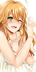 Rule 34 | 1girl, baby, bad id, bad pixiv id, bare arms, blonde hair, blush, collarbone, dress, grabbing, green eyes, happy tears, hoshii miki, idolmaster, idolmaster (classic), inu (marukome), long hair, one eye closed, open mouth, simple background, sleeveless, sleeveless dress, smile, solo focus, tears, white dress