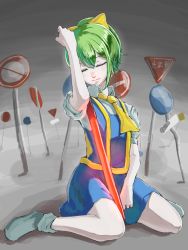 Rule 34 | 1girl, blue footwear, blue skirt, blue vest, bow, closed eyes, closed mouth, collared shirt, commentary, cookie (touhou), daiyousei, diyusi (cookie), full body, green hair, hair between eyes, high-visibility vest, highres, johnnyyyyy, medium hair, necktie, no entry sign, ponytail, puffy short sleeves, puffy sleeves, road closed to vehicles sign, road sign, shirt, shoes, short sleeves, sign, sitting, skirt, solo, stop sign, touhou, traffic baton, vest, wariza, white shirt, yellow bow, yellow necktie