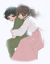 Rule 34 | 1boy, 1girl, black eyes, black hair, blush, brown hair, closed mouth, commentary request, cropped legs, das elend, fear &amp; hunger, fear &amp; hunger 2: termina, frilled shirt collar, frills, green jumpsuit, hug, hug from behind, invisible chair, jumpsuit, korean commentary, levi (fear &amp; hunger), long hair, long skirt, long sleeves, looking at viewer, marina (fear &amp; hunger), parted lips, pink skirt, shirt, shirt tucked in, short hair, short sleeves, sidelocks, simple background, sitting, skirt, smile, twintails, white background, white shirt