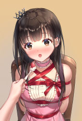 Rule 34 | 1girl, :o, arms behind back, blush, bound, breasts, brown eyes, brown hair, chair, choker, commentary request, crown, feeding, food, fruit, haneru, highres, himino seika, himitsu no jugyou, holding, holding spoon, long hair, looking at viewer, mini crown, open mouth, pink choker, pink shirt, pov, ribbon, shirt, skindentation, small breasts, spoon, strawberry, tied up, upper body