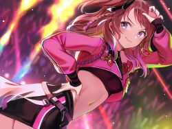 Rule 34 | 1girl, ass, black shirt, black skirt, blush, braid, breasts, brown hair, cropped jacket, cropped shirt, dutch angle, earrings, fighting my way (idolmaster), fingernails, gakuen idolmaster, glint, glowstick, hanami saki, highres, idol clothes, idolmaster, jacket, jewelry, laser, long hair, long sleeves, multicolored hair, navel, pink hair, pink jacket, shirt, sideways glance, skirt, smile, solo, stomach, streaked hair, tuna picture, twisted torso, two side up, v-shaped eyebrows