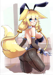 Rule 34 | 1girl, :o, amino dopple, animal ears, ass, backless outfit, bell, black gloves, black pantyhose, blonde hair, blue eyes, blue leotard, blush, breasts, cropped legs, elbow gloves, fake animal ears, fishnet pantyhose, fishnets, fox ears, fox tail, from side, glasses, gloves, hair bell, hair ornament, highres, jingle bell, large breasts, leotard, long hair, looking at viewer, looking back, low twintails, open mouth, original, pantyhose, playboy bunny, purple gloves, rabbit ears, red-framed eyewear, semi-rimless eyewear, sideboob, sidelocks, solo, tail, thighs, twintails, twitter username, under-rim eyewear