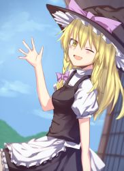 Rule 34 | 1girl, apron, black hat, black skirt, black vest, blonde hair, blue sky, blush, bow, braid, breasts, cloud, commentary request, cookie (touhou), cowboy shot, day, fang, frilled apron, frills, hair between eyes, hair bow, hat, hat bow, highres, kirisame marisa, konfu nodashino bubun, long hair, looking at viewer, medium breasts, mountainous horizon, one eye closed, open mouth, outdoors, puffy short sleeves, puffy sleeves, purple bow, shirt, short sleeves, shouji, side braid, single braid, skin fang, skirt, sky, sliding doors, solo, touhou, uzuki (cookie), vest, waist apron, waving, white apron, white shirt, witch hat, yellow eyes