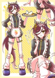Rule 34 | 1girl, animal ears, apron, arrow (symbol), black jacket, black shorts, blue footwear, blush, brown hair, carrot, carrot print, closed mouth, commentary request, eyepatch, food, food print, frilled apron, frills, hair over one eye, hand on own hip, hand up, highres, holding, holding tray, horse ears, horse girl, horse tail, jacket, jersey maid, kneehighs, loose socks, maid, maid headdress, multicolored hair, multiple views, plate, puffy shorts, sandwich, shoes, short shorts, shorts, smile, socks, standing, streaked hair, tail, tanino gimlet (umamusume), track jacket, translation request, tray, umamusume, unconventional maid, white apron, white hair, white socks, yellow eyes, yon no uma