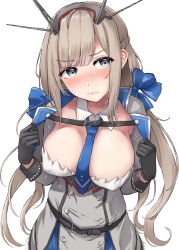 Rule 34 | 1girl, absurdres, bare shoulders, black gloves, blonde hair, blue eyes, blue necktie, breasts, cleavage, cowboy shot, dress, gloves, grey dress, headgear, highres, kantai collection, kiritto, large breasts, long hair, maryland (kancolle), necktie, simple background, solo, strapless, strapless dress, white background