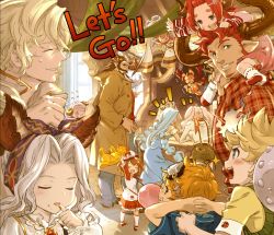 Rule 34 | 5boys, 6+girls, absurdres, alec (granblue fantasy), algeiba, alternate hairstyle, ardora, beard, blonde hair, blowing bubbles, carrying, casual, chewing gum, child, cow horns, doll, dragon, draph, english text, erune, facial hair, father and daughter, fif (granblue fantasy), fire, flying sweatdrops, food, food on face, goggles, granblue fantasy, hair intakes, hair over one eye, highres, horns, io (granblue fantasy), long beard, lyria (granblue fantasy), minaba hideo, multiple boys, multiple girls, naoise, narmaya (granblue fantasy), official art, plaid, pointy ears, red hair, redluck, scathacha (granblue fantasy), shoulder carry, socks, stubble, stuffed animal, stuffed toy, suspenders, sweatdrop, syr (granblue fantasy), teddy bear, twintails, vyrn (granblue fantasy), yaia (granblue fantasy)
