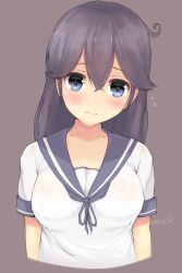 Rule 34 | 10s, 1girl, 2015, ahoge, alternate eye color, blue eyes, breasts, dated, flying sweatdrops, heart, heart-shaped pupils, highres, kantai collection, kuavera, large breasts, long hair, looking at viewer, school uniform, serafuku, simple background, solo, symbol-shaped pupils, tears, twitter username, upper body, ushio (kancolle)