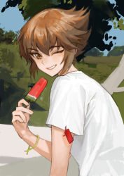 Rule 34 | 1boy, absurdres, bracelet, brown eyes, brown hair, commentary, day, food, highres, holding, holding food, jewelry, looking at viewer, male focus, one eye closed, outdoors, parted lips, popsicle, saber beam, shirt, short hair, short sleeves, smile, solo, t-shirt, tree, upper body, white shirt, yu-gi-oh!, yu-gi-oh! gx, yuki judai
