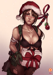 Rule 34 | 1girl, box, breasts, brown hair, christmas, cleavage, collarbone, front-tie top, gift, gift box, gloves, green eyes, green gloves, gun, hat, kachima, lips, long hair, metal gear (series), metal gear solid v: the phantom pain, nose, pantyhose, ponytail, quiet (metal gear), ribbon, rifle, santa hat, sniper rifle, solo, suspenders, torn clothes, torn pantyhose, weapon