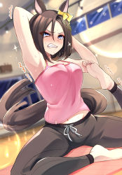 Rule 34 | 1girl, air groove (umamusume), animal ears, armpits, arms behind head, arms up, barefoot, black pants, blush, bow, breasts, brown hair, camisole, clenched teeth, duel monster, dutch angle, ear bow, feet, foot up, gym, highres, horse ears, horse girl, horse tail, indoors, midriff peek, navel, pants, parody, pigeon pose, pink camisole, short hair, sitting, smart falcon (just in time!? uma&lt;3dol) (umamusume), soles, solo, stretching, sweat, tail, teeth, toes, trembling, tsunemi aosa, umamusume, yoga pants