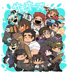 Rule 34 | &gt; &lt;, 1girl, 6+boys, agyo (housamo), animal ears, aqua fur, bara, black eyes, black hair, blue background, blue fire, blue hair, blunt bangs, blush, book, border, brown fur, brown hair, chest tuft, chibi, clenched hand, closed eyes, closed mouth, cloud, collared shirt, commentary request, creature, cross scar, devil (housamo), dog boy, dog ears, dog tail, eyebrow cut, facial hair, facial mark, facial scar, fang, fire, forehead mark, forked eyebrows, furry, furry male, gakuran, glasses, gloves, goatee, grin, hand tattoo, hanuman (housamo), highres, holding, holding book, holding sword, holding weapon, jacket, jewelry, komainu boy, komainu ears, komainu tail, loafers, long hair, long sideburns, magatama, male focus, minamo retasu, monkey boy, monkey tail, moritaka (housamo), motoori shiro, multiple boys, necklace, necktie, open mouth, outline, outstretched arms, protagonist 1 (housamo), protagonist 2 (housamo), protagonist 3 (housamo), protagonist 4 (housamo), protagonist 5 (housamo), red jacket, red necktie, sakimori toji, scar, scar on cheek, scar on face, school uniform, shirt, shoes, short hair, sideburns, single glove, skirt, smile, star tattoo, stubble, sword, tail, takabushi kengo, tattoo, thick eyebrows, thighhighs, tokyo houkago summoners, tongue, tongue out, translated, two-tone fur, weapon, white border, white fur, white gloves, white outline, white shirt, yakushimaru ryota