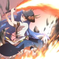 Rule 34 | 1girl, :d, black hat, blue hair, blue skirt, breasts, center frills, commentary request, destruction, feet out of frame, fire, flaming sword, flaming weapon, floating hair, food, frills, fruit, geokinesis, hands up, hat, hinanawi tenshi, holding, holding sword, holding weapon, long hair, looking at viewer, motion blur, open mouth, orange eyes, peach, petticoat, puffy short sleeves, puffy sleeves, rock, shirt, short sleeves, shundou heishirou, skirt, slit pupils, small breasts, smile, solo, standing, sword, sword of hisou, touhou, v-shaped eyebrows, very long hair, weapon, white shirt
