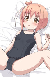 Rule 34 | 1girl, bare arms, bare shoulders, bed sheet, black one-piece swimsuit, blush, breasts, brown eyes, brown hair, cameltoe, collarbone, commentary request, covered navel, feet out of frame, hair between eyes, hand up, highres, ichinose hana, looking at viewer, lying, old school swimsuit, on back, one-piece swimsuit, one side up, parted lips, pillow, school swimsuit, short hair, slow start, small breasts, solo, spread legs, swimsuit, takasuma hiro