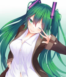 Rule 34 | 1girl, alternate costume, blush, breasts, buttons, cleavage, closed mouth, collared shirt, dress shirt, eyebrows, eyes visible through hair, gradient background, green eyes, green hair, hair between eyes, hair ornament, hand on own hip, hatsune miku, highres, jacket, kiseno, long hair, long sleeves, looking at viewer, matching hair/eyes, one eye closed, shirt, smile, solo, twintails, unbuttoned, upper body, very long hair, vocaloid, white shirt