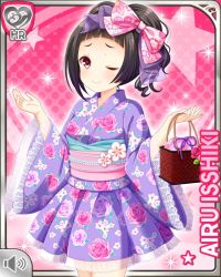 Rule 34 | 1girl, arms at sides, bag, black hair, bow, character name, closed eye, closed mouth, flower, girlfriend (kari), hair bow, holding, isshiki airu, japanese clothes, kimono, official art, pink background, pink bow, pink sash, purple kimono, qp:flapper, red eyes, rose, sash, shrugging, smile, solo, tagme