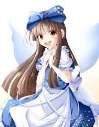 Rule 34 | 1girl, :d, absurdres, apron, bloom, blue bow, blue dress, blunt bangs, blush, bow, brown eyes, brown hair, commentary request, cowboy shot, dress, fairy wings, frilled shirt collar, frills, hands up, happy, highres, long hair, looking at viewer, muumuu (sirufuruteienn), open mouth, orange eyes, own hands together, puffy short sleeves, puffy sleeves, round teeth, short sleeves, sidelocks, simple background, smile, solo, star (symbol), star print, star sapphire, teeth, touhou, upper body, upper teeth only, very long hair, waist apron, white background, wings