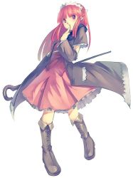 Rule 34 | 1girl, blunt bangs, blush, boots, detached sleeves, dress, finger to mouth, headdress, holding, long hair, purple eyes, red dress, red hair, short sleeves, simple background, solo, staff, standing, white background