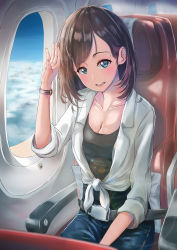 Rule 34 | 1girl, :d, absurdres, airplane interior, black shirt, blue eyes, blue pants, breasts, brown hair, cleavage, collarbone, highres, lens flare, looking at viewer, medium breasts, open mouth, original, pants, safety belt, shirt, short hair, sitting, smile, solo, striped, tied shirt, timo wei95, watch, white shirt, wristwatch