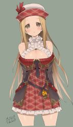 Rule 34 | 10s, 1girl, arms behind back, bare shoulders, blonde hair, blush, breasts, brown eyes, cleavage, diola (granblue fantasy), fbc, granblue fantasy, hat, highres, long hair, looking at viewer, open mouth, solo