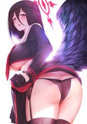 Rule 34 | 1girl, ass, ass focus, black gloves, black hair, black serafuku, black thighhighs, black wings, blue archive, blush, breasts, butt crack, clothes lift, embarrassed, feathered wings, from behind, garter belt, gloves, hair between eyes, halo, hasumi (blue archive), lace, lace-trimmed legwear, lace garter belt, lace trim, large breasts, large wings, lifting own clothes, long hair, long skirt, looking at viewer, low wings, makumaxu, neckerchief, red eyes, red neckerchief, sailor collar, school uniform, serafuku, skirt, skirt lift, solo, sweat, thighhighs, twisted torso, underbust, white sailor collar, wings