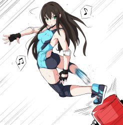 Rule 34 | 10s, 1girl, bad id, bad pixiv id, bare shoulders, black gloves, blush, boots, brown hair, female focus, fingerless gloves, gloves, green eyes, highres, idolmaster, idolmaster cinderella girls, long hair, music, nexas, open mouth, shibuya rin, shoes, sneakers, solo, sweat