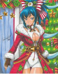 Rule 34 | 1girl, 2020, absurdres, artist name, belt, blue eyes, blue hair, bodysuit, breasts, brown gloves, christmas, christmas ornaments, christmas tree, cleavage, coat, cowboy shot, earrings, female focus, fingerless gloves, gloves, high ponytail, highres, indoors, jewelry, large breasts, leona heidern, ravernclouk design, red coat, ribbon trim, santa costume, snk, solo, standing, star ornament, the king of fighters, thick thighs, thighs, traditional media, triangle earrings, white bodysuit