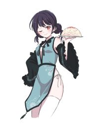 Rule 34 | 1girl, ;), alternate hairstyle, aqua dress, bang dream!, bare shoulders, black bow, black bowtie, black hair, blush, bow, bowtie, breasts, china dress, chinese clothes, closed mouth, cowboy shot, cropped legs, detached sleeves, double bun, dress, floral print, food, fried rice, frilled sleeves, frills, futaba tsukushi, hair bun, hand on own hip, hand up, highres, holding, holding plate, long sleeves, looking at viewer, low twintails, medium hair, one eye closed, panties, pelvic curtain, plate, ppora, print dress, red eyes, side-tie panties, side-tie peek, simple background, sleeve bow, sleeveless, sleeveless dress, sleeves past fingers, sleeves past wrists, small breasts, smile, solo, standing, tassel, thighhighs, twintails, underwear, v-shaped eyebrows, white background, white panties, white thighhighs, wide sleeves