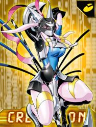 Rule 34 | 1girl, animal ears, arm guards, armor, between legs, blade, breastplate, breasts, crescemon, crescent, digimon, digimon (creature), digimon collectors, female focus, hand between legs, helmet, horns, kneeling, large breasts, lowres, monster girl, official art, pink eyes, rabbit ears, ribbon, shoulder pads, solo, spikes, staff, tattoo, thick thighs, thighs