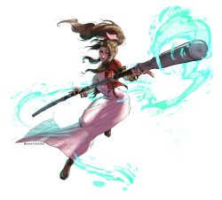 Rule 34 | 1girl, absurdres, aerith gainsborough, aleksandra skiba, bangle, boots, bracelet, breasts, brown footwear, brown hair, cleavage, closed eyes, cropped jacket, dress, fighting stance, final fantasy, final fantasy vii, final fantasy vii remake, full body, green eyes, hair ribbon, highres, holding, holding staff, jacket, jewelry, long dress, long hair, looking at viewer, medium breasts, parted bangs, pink dress, pink ribbon, ponytail, red jacket, ribbon, short sleeves, sidelocks, smile, solo, staff, twitter username, white background