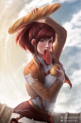 Rule 34 | 1girl, absurdres, artist name, bread, brown hair, commentary, english commentary, facebook logo, facebook username, food, highres, holding, holding food, instagram logo, instagram username, jacket, long sleeves, looking at viewer, medium hair, military uniform, mouth hold, open clothes, open jacket, orange eyes, outdoors, paradis military uniform, ponytail, potato, potatochief21, realistic, sasha blouse, shingeki no kyojin, signature, solo, survey corps (emblem), uniform