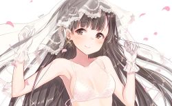 Rule 34 | 1girl, armpits, bad id, bad pixiv id, bare shoulders, blunt bangs, blush, bow, bra, braid, breasts, bridal veil, brown eyes, brown hair, cleavage, closed mouth, collarbone, commentary request, earrings, glint, gloves, goyain, hair bow, hands up, heart, heart earrings, idolmaster, idolmaster cinderella girls, jewelry, kobayakawa sae, long hair, medium breasts, petals, revision, see-through, side braid, simple background, smile, solo, straight hair, underwear, underwear only, upper body, veil, white background, white bow, white bra, white gloves