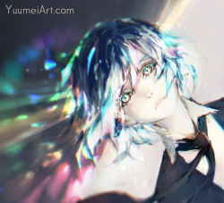 Rule 34 | androgynous, black necktie, blue eyes, blue hair, commentary, diamond (houseki no kuni), dutch angle, gender request, highres, houseki no kuni, looking at viewer, multicolored eyes, multicolored hair, necktie, parted lips, shirt, short hair, solo, upper body, white shirt, wing collar, yellow eyes, yuumei