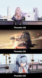 Rule 34 | 1girl, black gloves, blue hair, character name, city, fingerless gloves, firing, funengliang jieheti, fur-trimmed jacket, fur trim, girls&#039; frontline, gloves, gun, hairband, hand in own hair, highres, holding, holding gun, holding weapon, jacket, long hair, looking at viewer, neck ribbon, open mouth, red eyes, red ribbon, ribbon, scenery, shirt, smile, solo, standing, thunder (girls&#039; frontline), weapon, white shirt