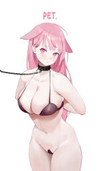 Rule 34 | 1girl, absurdres, ahoge, animal ears, arms behind back, bare shoulders, bdsm, black hair, blush, bondage, bound, breasts, chain, chain leash, cleavage, closed mouth, collar, collarbone, commentary, cowboy shot, dot mouth, english text, hair behind ear, halterneck, head tilt, highres, large breasts, leash, long hair, looking to the side, maebari, midfinger, navel, original, pink eyes, simple background, slave, solo, stomach, thighs, white background