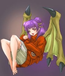 Rule 34 | 1girl, alternate costume, barefoot, deekei, dragon wings, fire emblem, fire emblem: the sacred stones, full body, highres, long sleeves, multi-tied hair, myrrh (fire emblem), nintendo, open mouth, purple hair, red eyes, red sweater, simple background, solo, sweater, twintails, wings