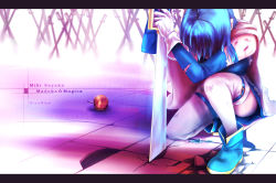 Rule 34 | 10s, 1girl, apple, armband, blood, blue hair, cape, crack, cuts, female focus, food, fruit, gloves, gradient background, hidden face, highres, injury, kneeling, letterboxed, magical girl, mahou shoujo madoka magica, mahou shoujo madoka magica (anime), miki sayaka, mizublue, on one knee, puddle, short hair, solo, sword, tears, thighhighs, weapon, white background