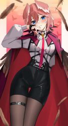 Rule 34 | 1girl, absurdres, black shorts, blue eyes, blush, brown pantyhose, cape, feathers, fingerless gloves, gloves, head wings, highres, hololive, long sleeves, pantyhose, parted lips, pink hair, puffy long sleeves, puffy sleeves, red cape, shirt, shorts, solo, takane lui, takane lui (1st costume), thigh strap, thomas 8000, virtual youtuber, white shirt, wings