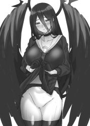 Rule 34 | 1girl, black thighhighs, blue archive, blush, breasts, choker, closed mouth, collarbone, garter belt, gloves, greyscale, hair between eyes, half gloves, halo, hasumi (blue archive), hohahiida, large breasts, lifting own clothes, long hair, looking at viewer, mole, mole under eye, monochrome, no panties, school uniform, serafuku, simple background, skirt, solo, thighhighs, very long hair, white background, wings