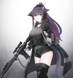 Rule 34 | 1girl, aged up, animal ears, arknights, black coat, black shorts, black thighhighs, blouse, breasts, cat ears, cat tail, coat, commentary, commentary request, english commentary, female focus, green eyes, grey background, grey shirt, gun, highres, holding, holding gun, holding weapon, jessica (arknights), jessica the liberated (arknights), k0ng, large breasts, long hair, long sleeves, looking at viewer, official alternate costume, open clothes, open coat, pouch, purple hair, rifle, shirt, short shorts, shorts, sniper rifle, solo, tail, thighhighs, thighs, very long hair, weapon