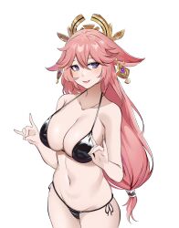 Rule 34 | 1girl, :d, absurdres, animal ears, azmi yudista, bare arms, bare shoulders, bikini, black bikini, breasts, commentary, cowboy shot, fox ears, genshin impact, hair between eyes, highres, large breasts, long hair, looking at viewer, low-tied long hair, navel, open mouth, pink hair, purple eyes, simple background, smile, solo, standing, stomach, swimsuit, very long hair, white background, yae miko