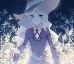 Rule 34 | 10s, 1girl, animal print, belt, blonde hair, blue background, blue eyes, blue hat, breasts, butterfly print, dated, diana cavendish, eyebrows, hat, highres, little witch academia, long hair, ribbon, robe, school uniform, small breasts, smile, solo, wavy hair, witch hat